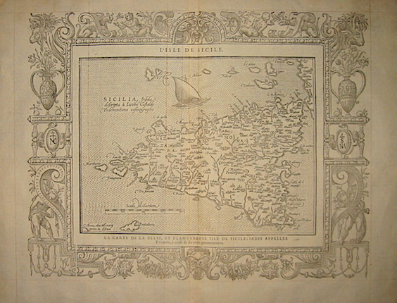 Belleforest (de) François L'Isle de Sicile. La carte de la belle, et plantureuse Isle de Sicile, iadis appellee Trinacrie, à  cause de ses trois promontoires 1575 Parigi